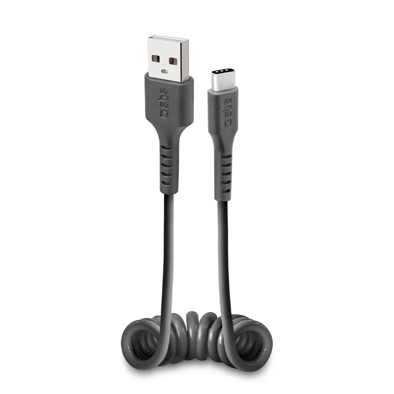 SBS data- og opladning spiralkabel USB 2.0 - USB C. 17-50 cm - Sort